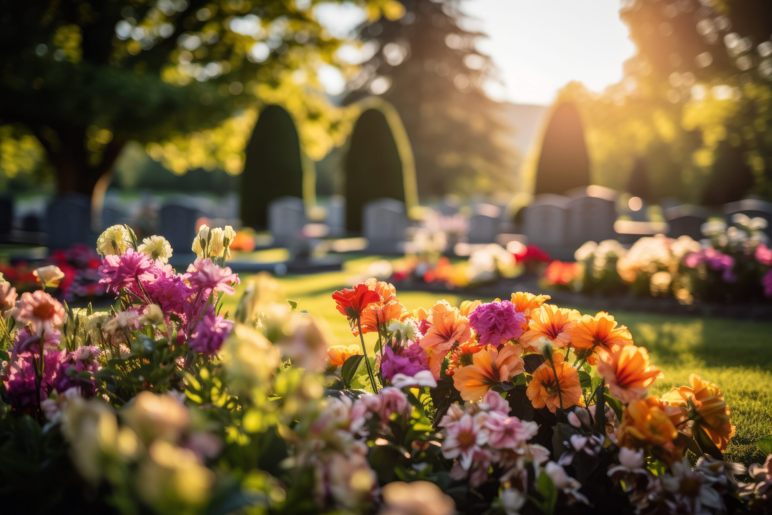Bunte Blumen blühen auf einem gepflegten Grabfeld bei Sonnenuntergang.