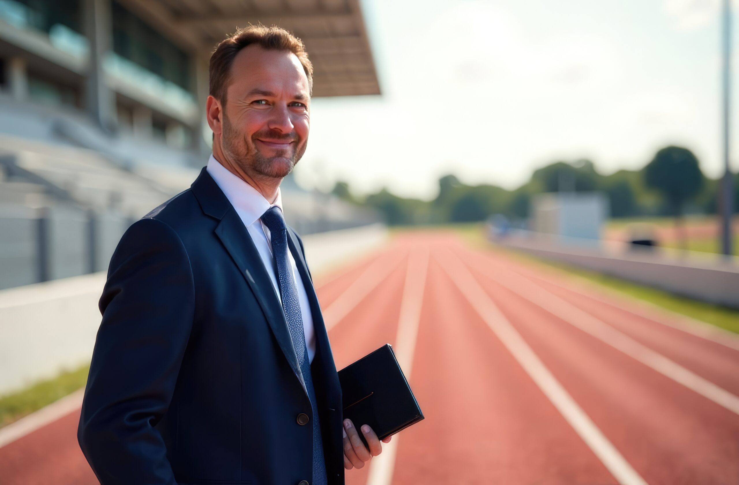 Mann im Anzug steht an der Laufbahn im Stadion.